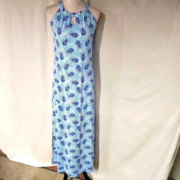 Blue and White Pineapple Print Maxi Dress - Picture 2 of 13